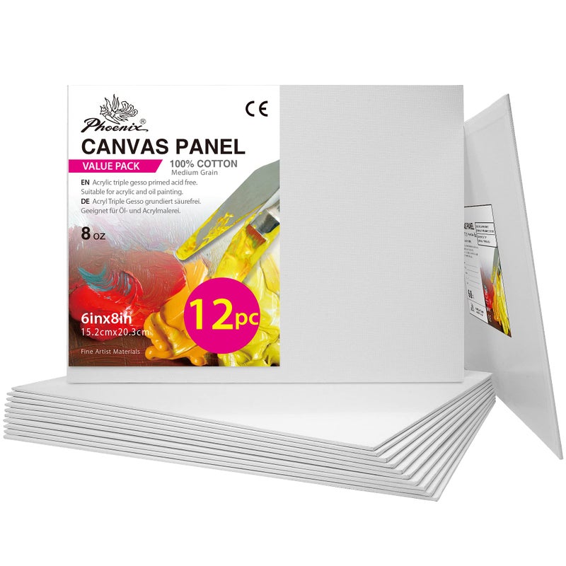 PHOENIX Small Painting Canvas Panels 6x8 Inch, 12 Value Pack - 8 Oz Triple Primed 100% Cotton Acid Free Canvas Boards for Painting, White Blank Flat Canvas Boards for Acrylic, Oil Paints - Image 1